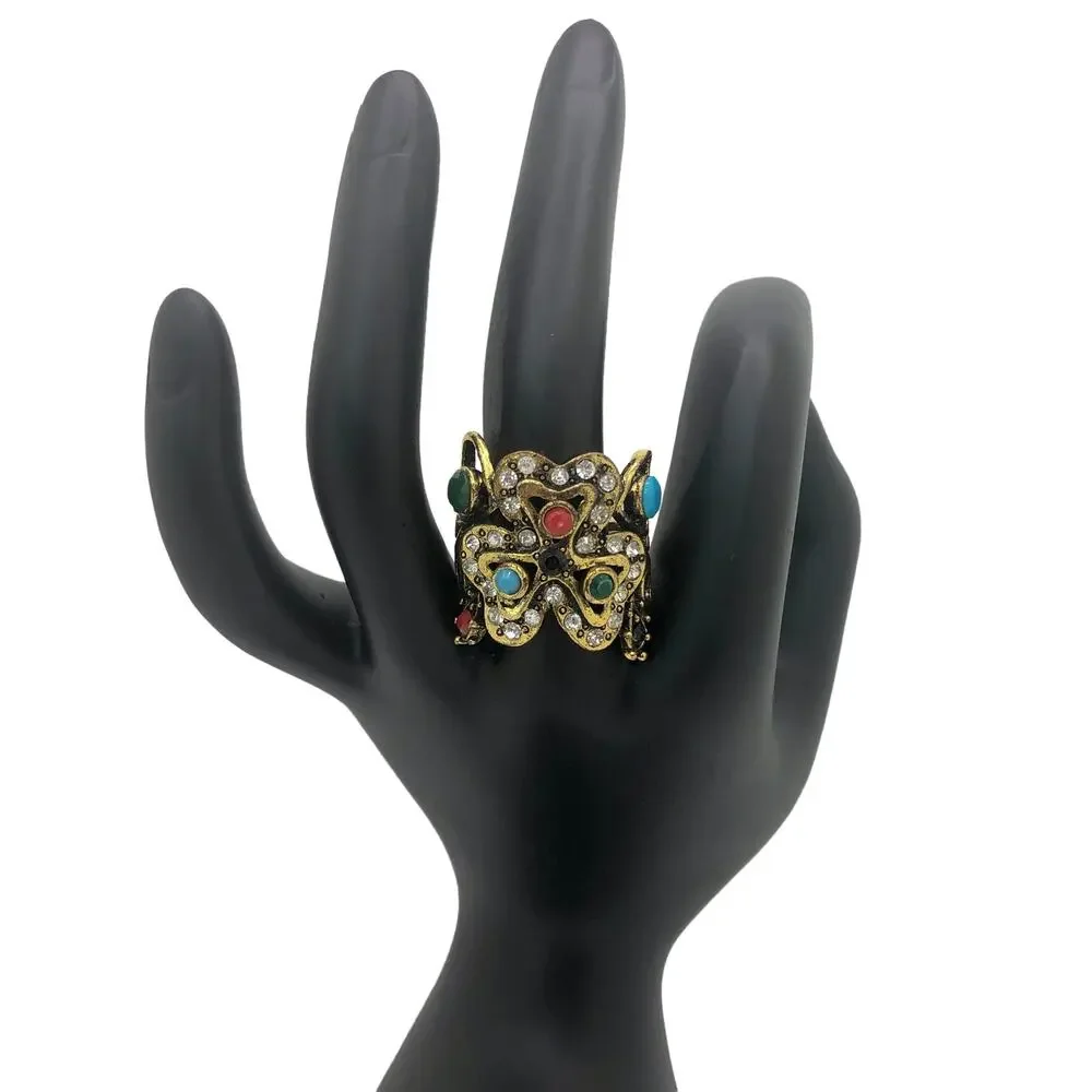 Gold and Multicolor Rhinestone Statement Ring - Size 9